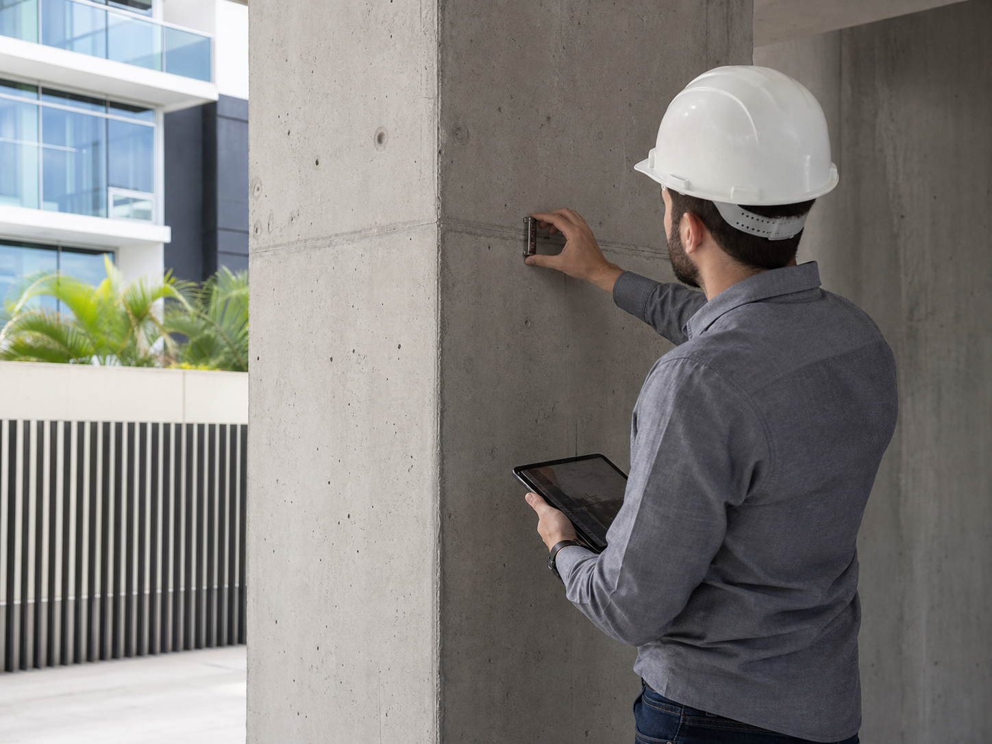 Profissional inspecionando elemento estrutural de uma edificação