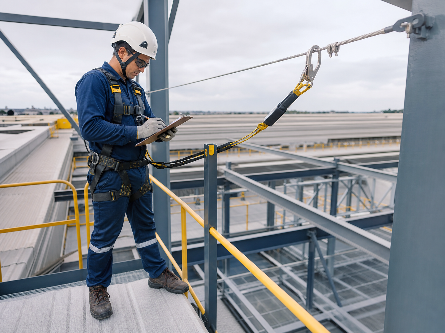 Profissional inspecionando sistema de proteção para trabalho em altura